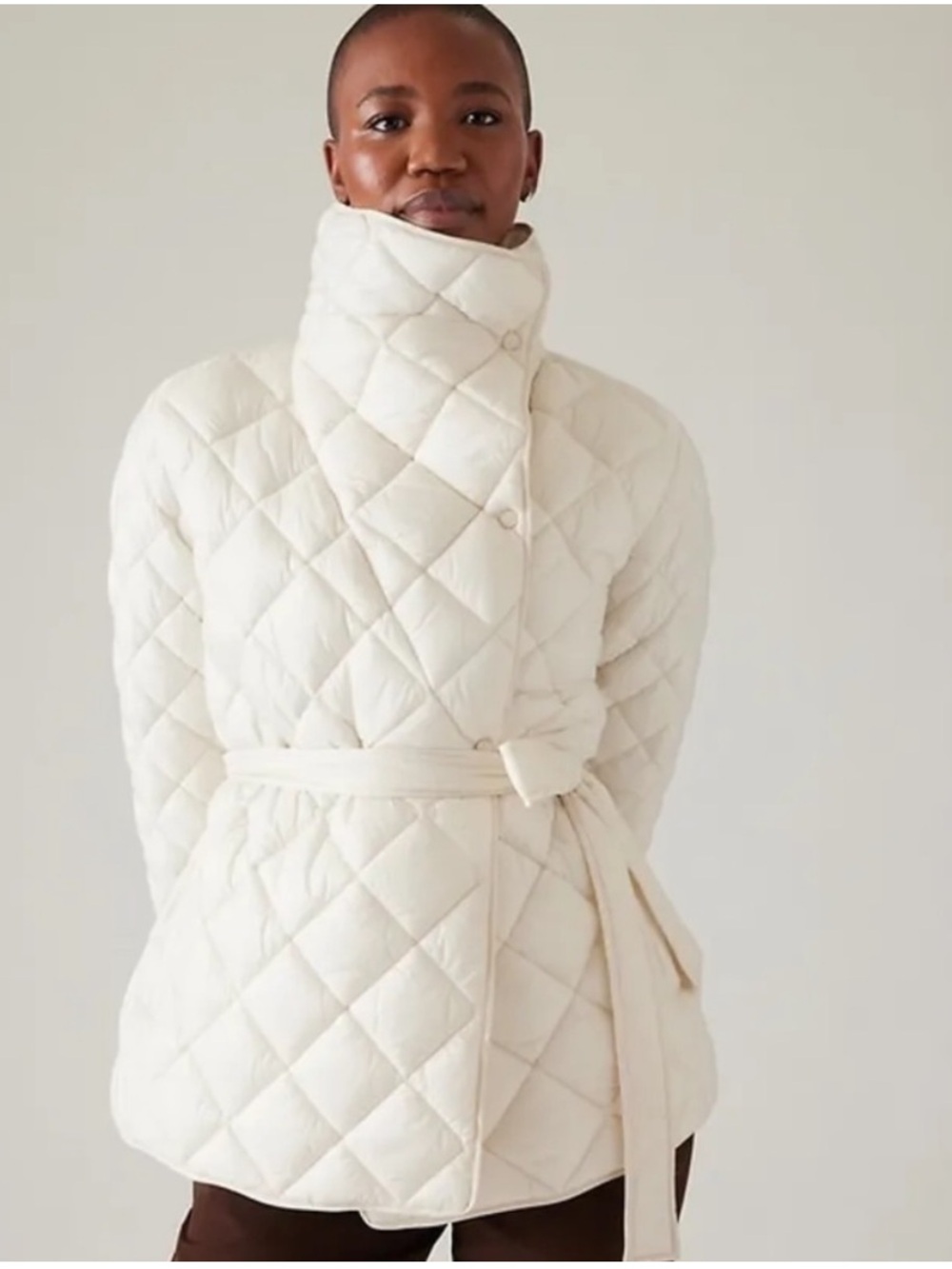 Athleta Women's WHISPER FEATHERLESS WRAP COAT Magnolia White Quilted Puffer Sz S